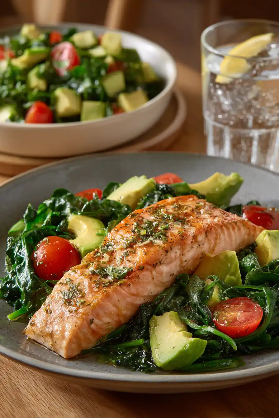 Keto salmon with avocado, spinach, and cherry tomatoes – a low-carb weight loss recipe
