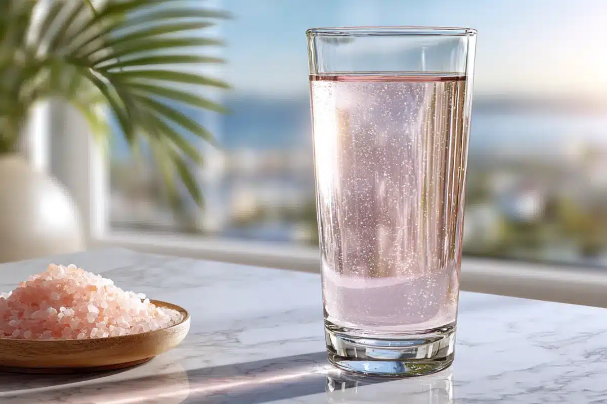 A glass of pink salt water on a marble surface with a bowl of Himalayan pink salt crystals, highlighting the pink salt recipe for hydration.