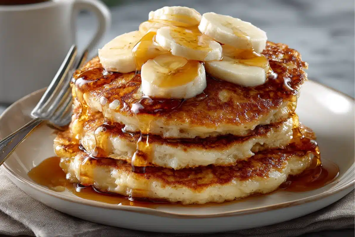 Fluffy banana cottage cheese pancakes stacked with banana slices and syrup on a breakfast plate.
