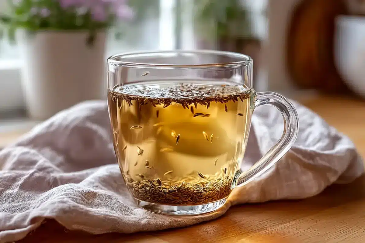 Warm bariatric seed tea recipe served in a clear glass mug with cumin seeds floating in the golden liquid.