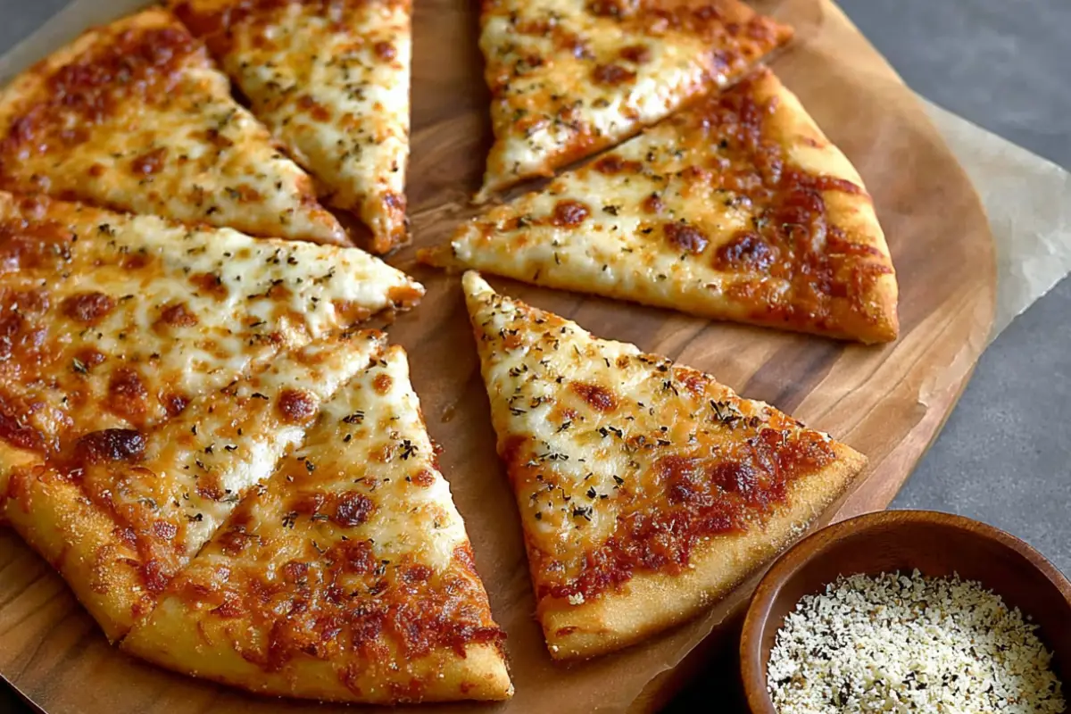 Golden-brown cottage cheese pizza crust topped with melted mozzarella and herbs, sliced and served on a wooden board.