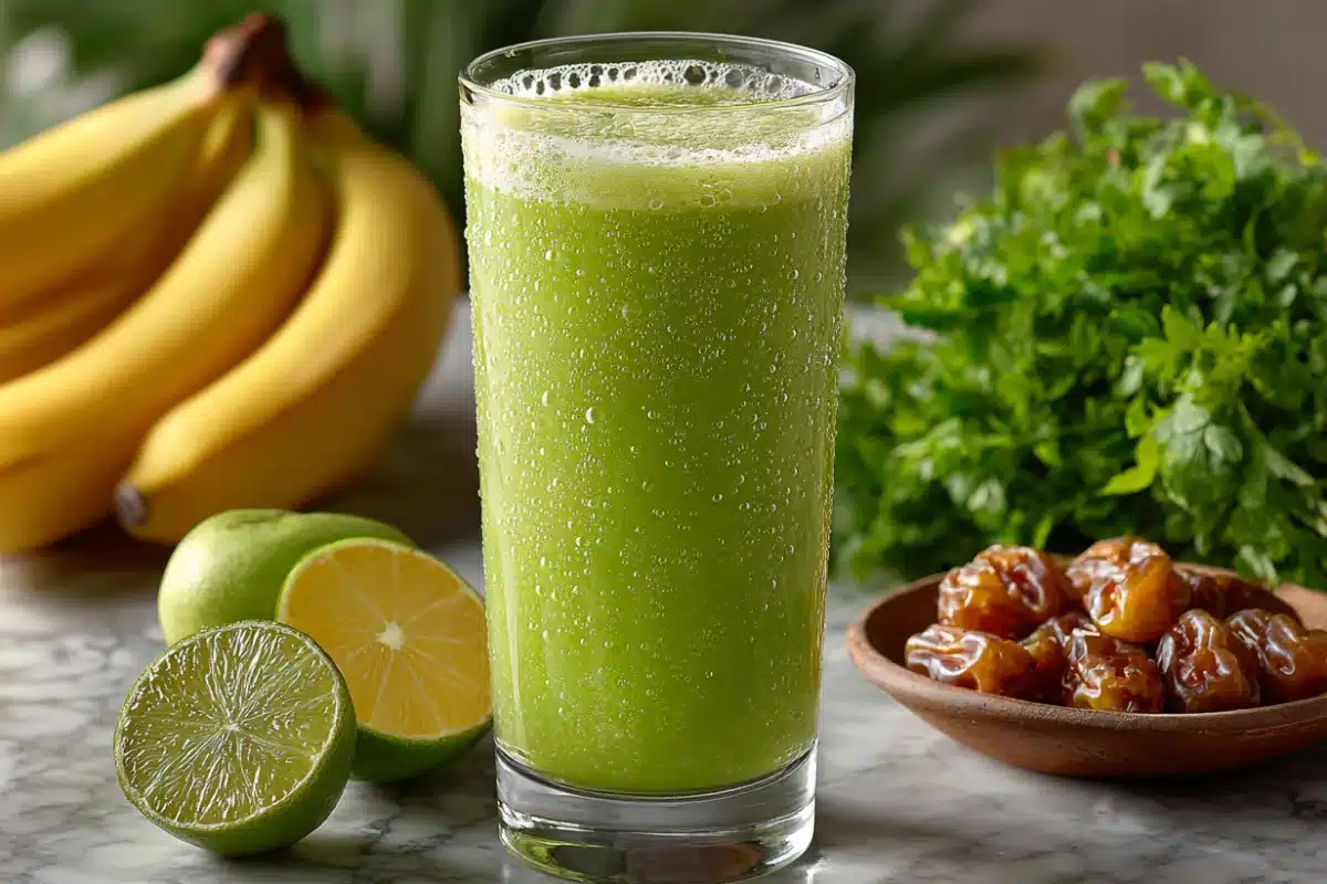 Refreshing Detox Island Green Smoothie in a tall glass surrounded by bananas, limes, fresh herbs, and dates.