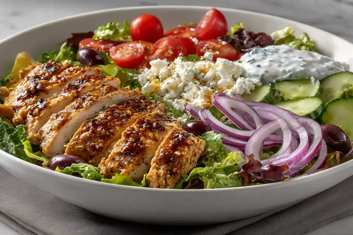 All Recipes Juicy grilled chicken served with cucumbers, cherry tomatoes, olives, feta, and tzatziki in a fresh greek chicken bowls for weight loss.