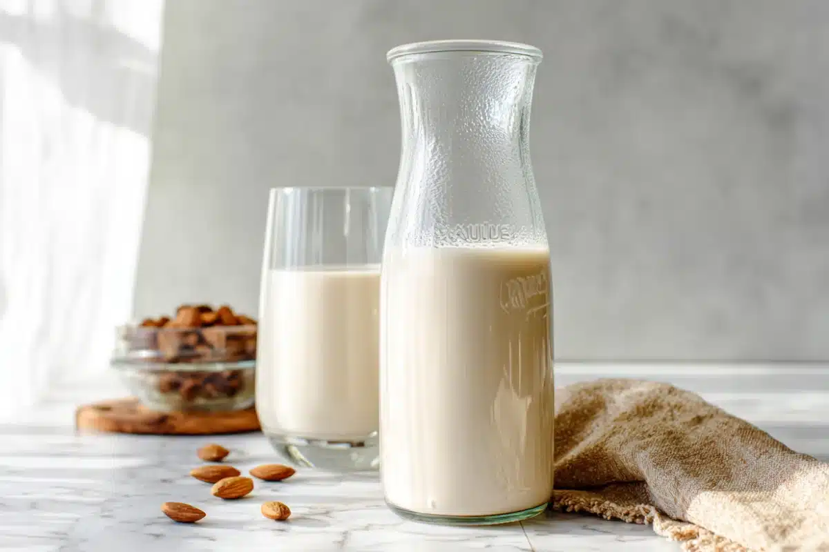 All Recipes A glass carafe and tumbler filled with creamy homemade almond milk, styled with raw almonds, illustrating how to make almond milk fresh at home.