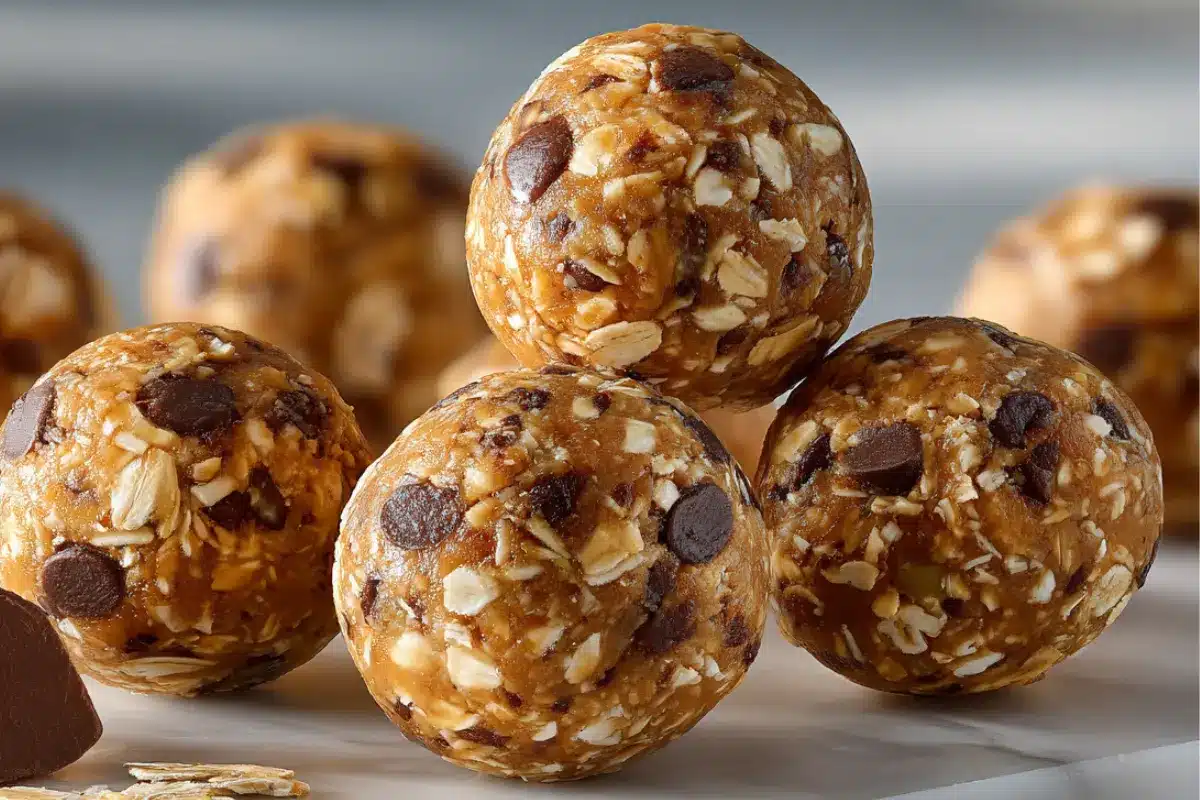 All Recipes Close-up of peanut butter oatmeal protein balls with oats and chocolate chips, showing their chewy no bake texture.