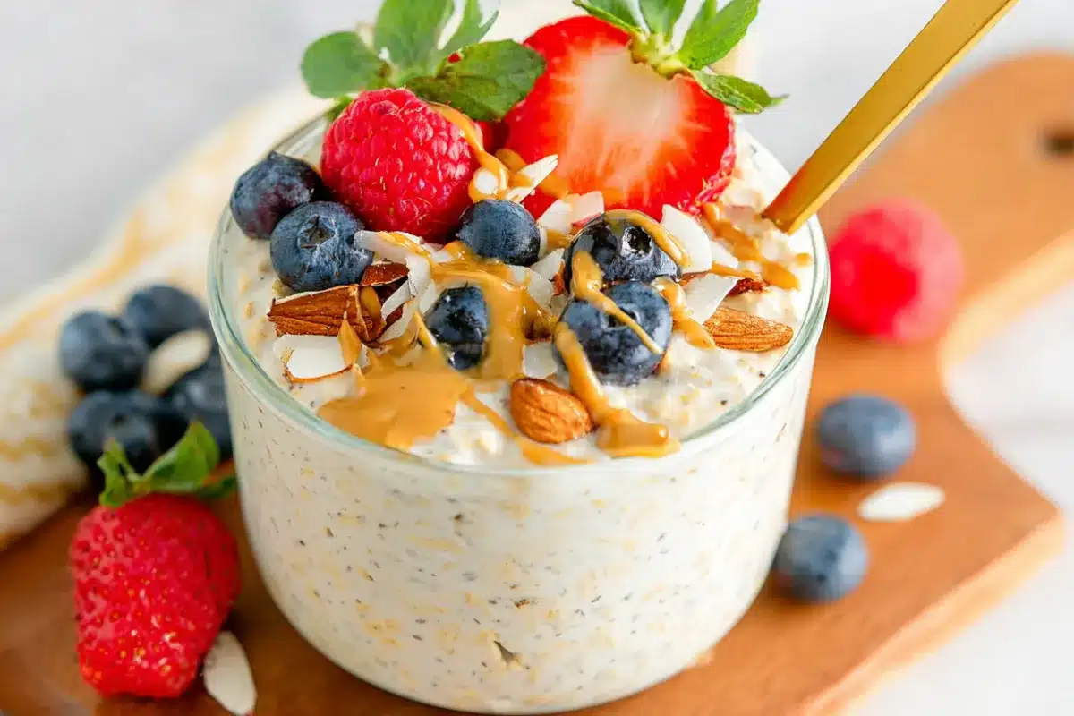 A glass jar of creamy high protein overnight oats topped with fresh berries, almonds, and a drizzle of nut butter.