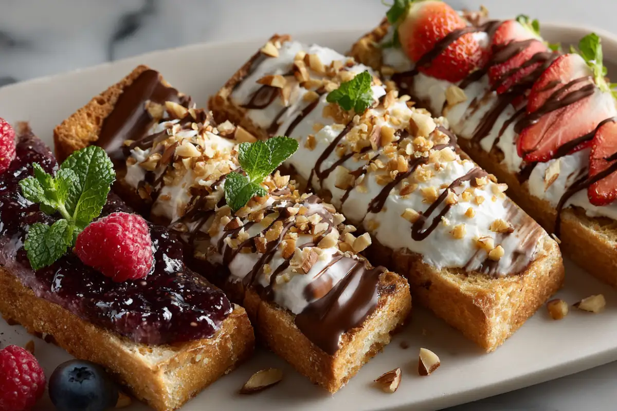 Keto sweet stuff on toast topped with chocolate, whipped cream, nuts, berries, and sugar free jam on crisp low carb bread.