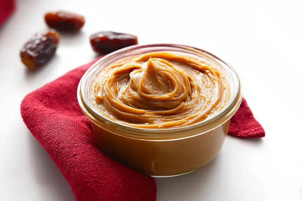 Creamy medjool date caramel sauce in a glass bowl placed on a red cloth, ready for dipping and drizzling.