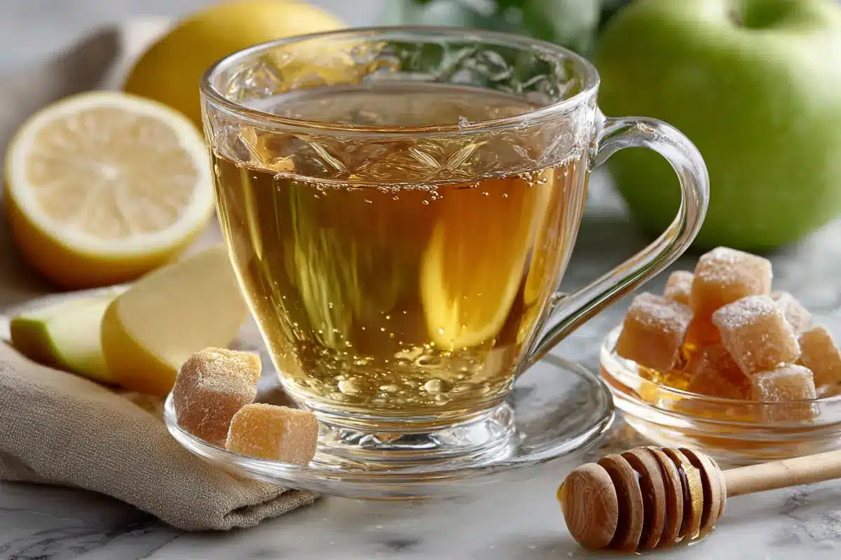 A warm glass of the natural mounjaro recipe for weight loss with lemon slices, green apple, honey cubes, and ginger on a marble table.