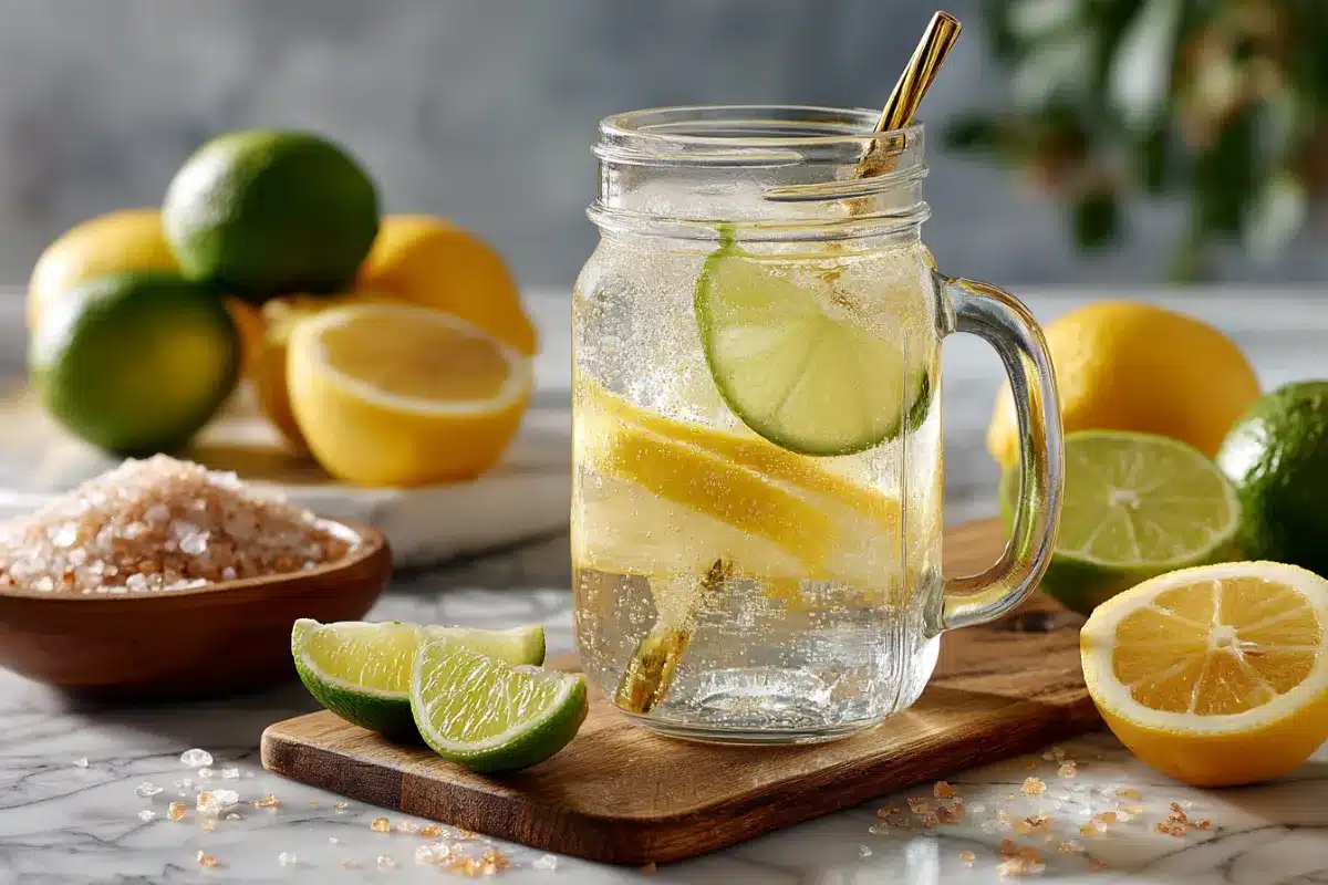 All Recipes Celtic salt and lemon water recipe in a mason jar on marble.