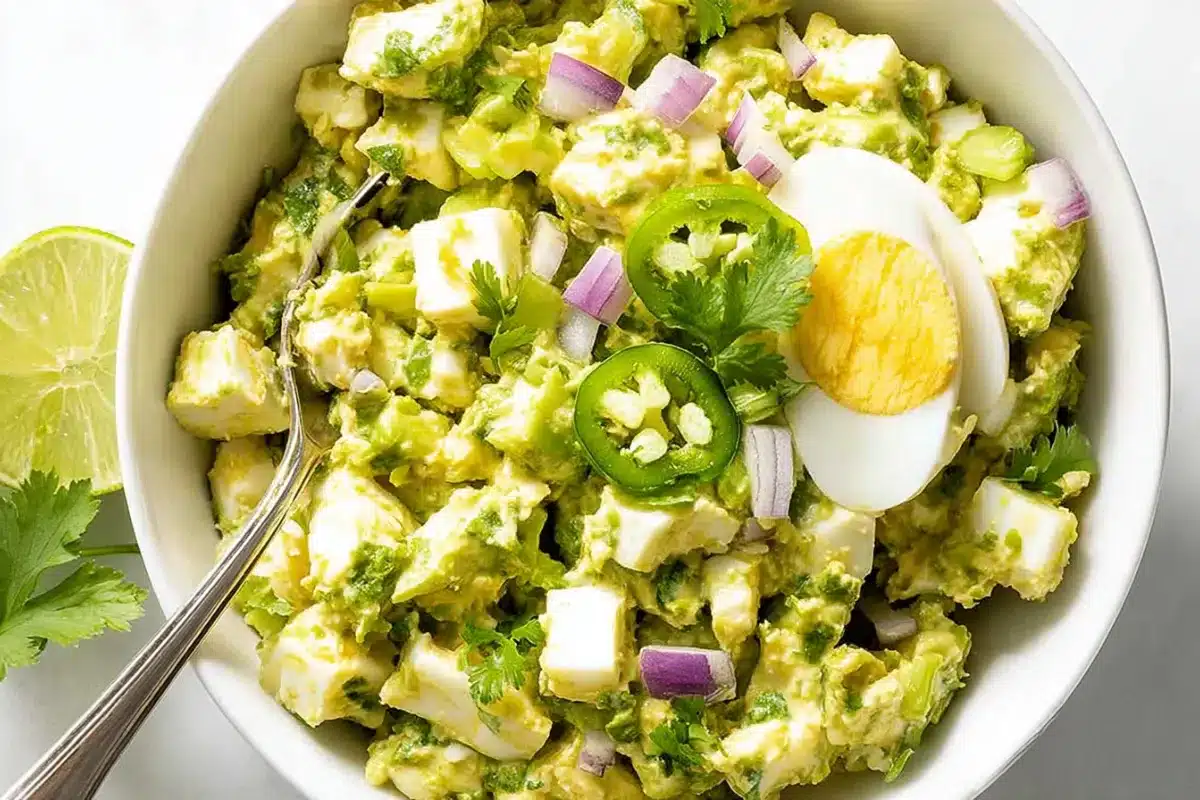 All Recipes Creamy keto egg salad with avocado topped with jalapeño, cilantro, and red onion for a fresh and flavorful low carb lunch.
