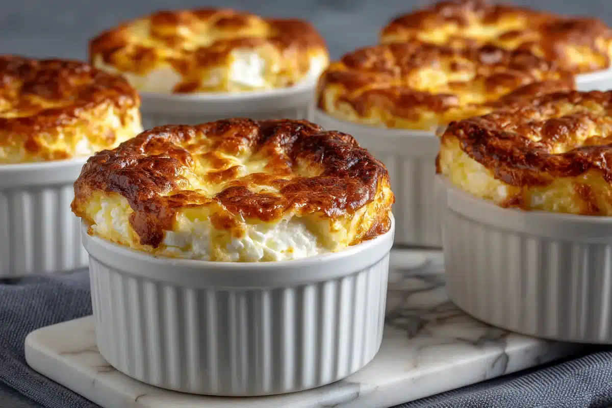 All Recipes Golden baked bariatric ricotta bake recipe served in white ramekins with a soft, creamy texture and high protein content.