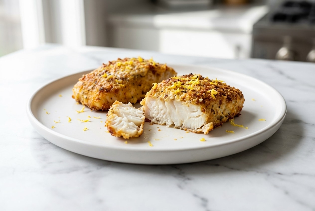 Air Fryer Parmesan Cod with a golden lemon zest crumb and Dijon-mayo binder on a plate.