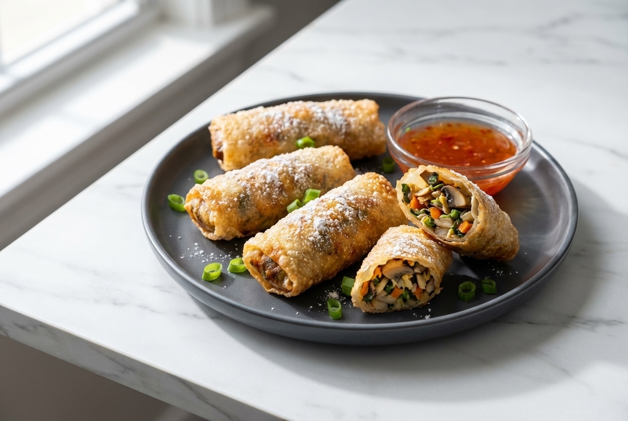 Golden Air Fryer Rice Paper Dumplings with a crispy cornstarch dusting finish and chili crunch dipping sauce.