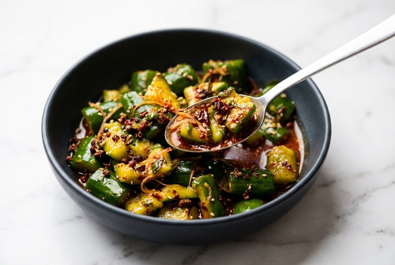 Asian cucumber salad with smashed cucumbers and crushed Szechuan peppercorns for a numbing flavor twist.