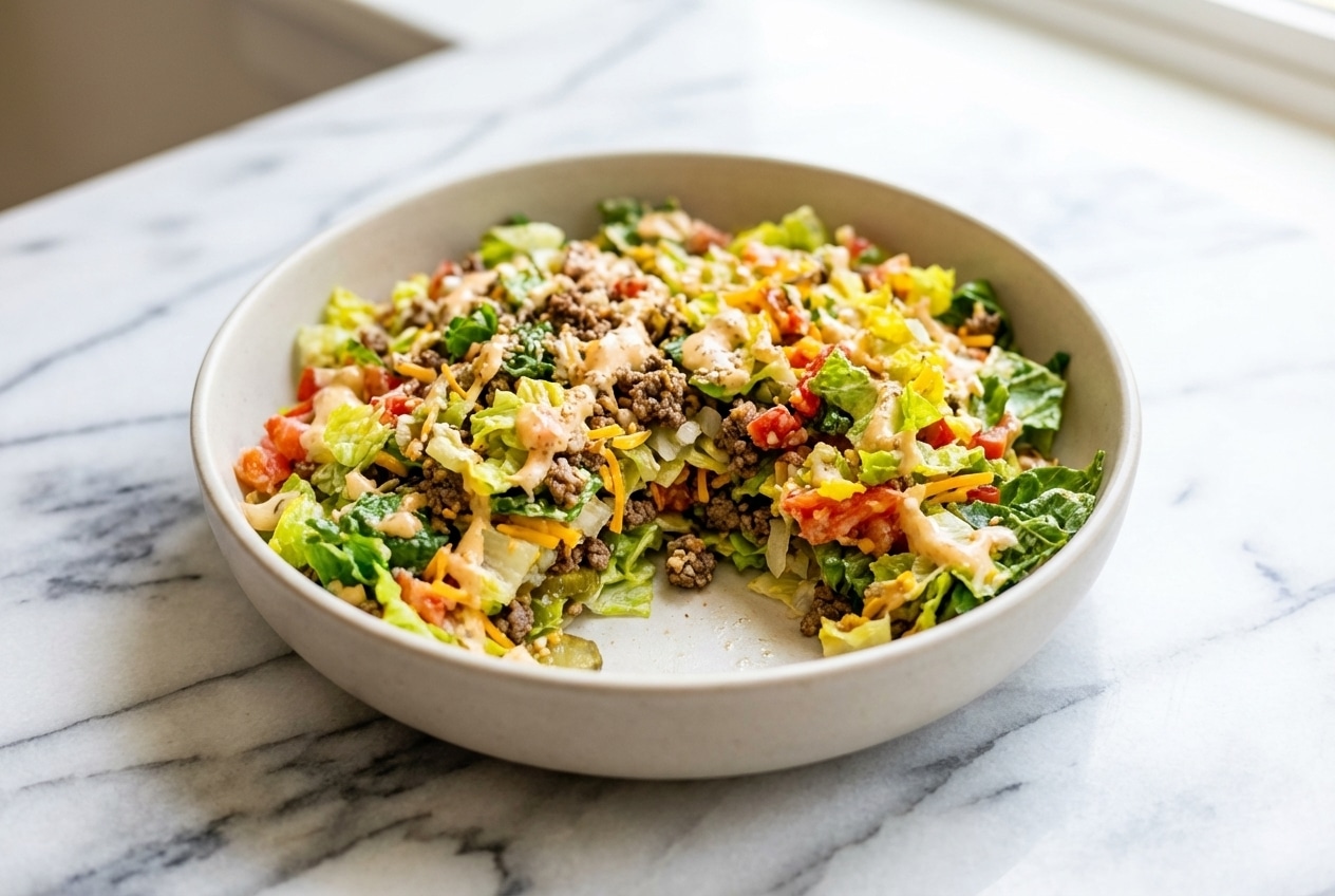 Big Mac Salad Bowl with seasoned ground chuck, sesame seeds, and savory rehydrated minced onions for depth.