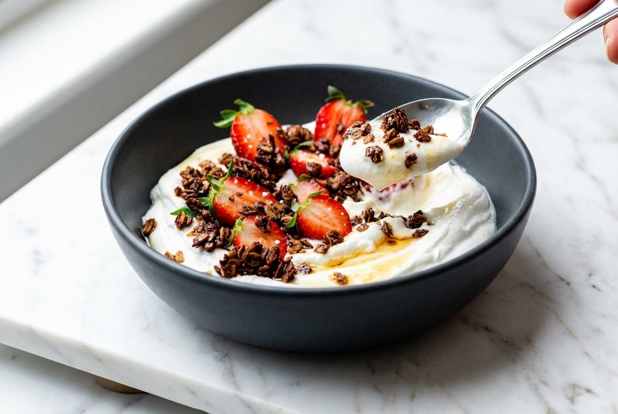 Smooth blended cottage cheese in a bowl with a bright lemon juice and sea salt lactic boost.