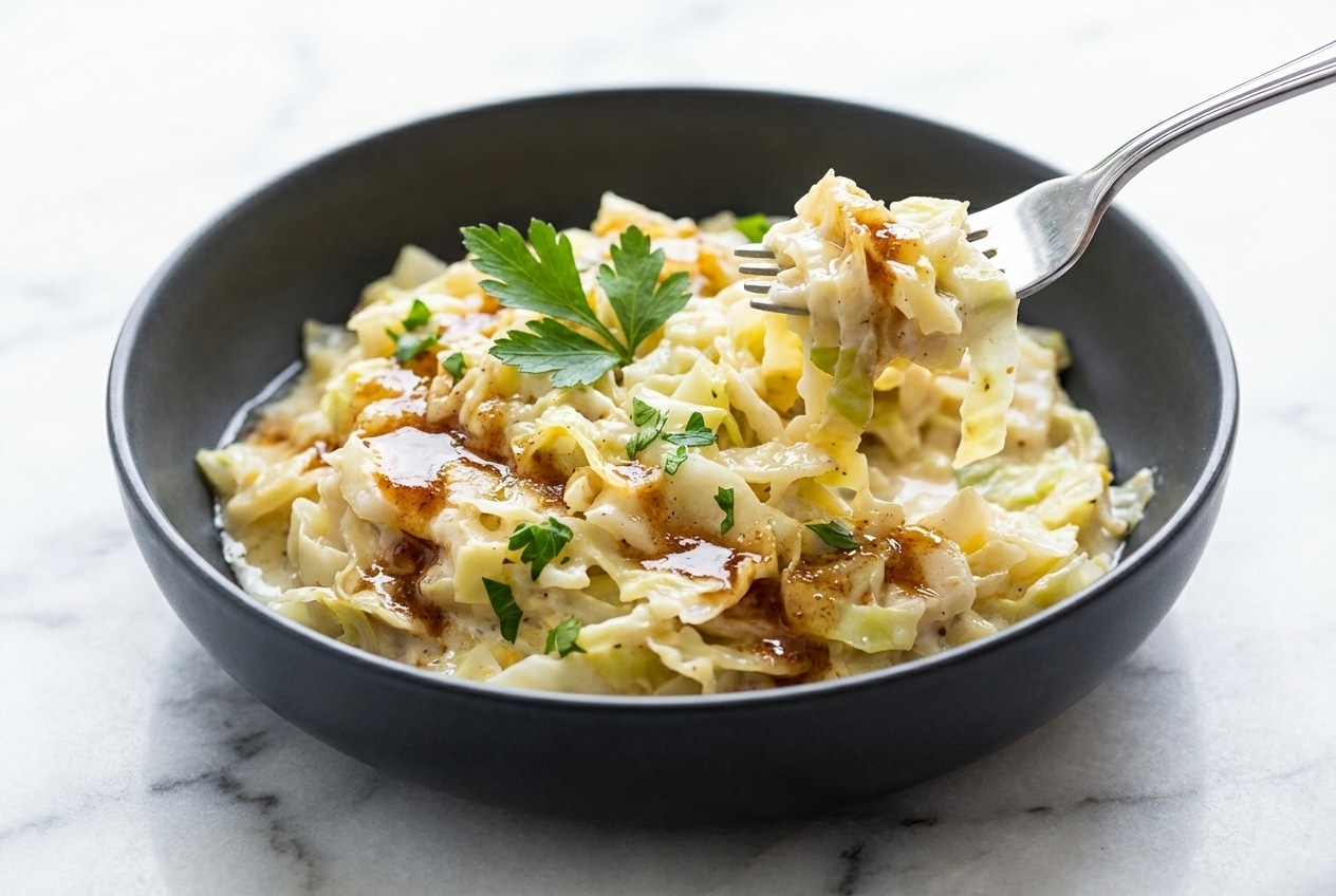 Creamy chicken alfredo with cabbage, golden brown butter sauce and a bright hint of fresh lemon juice.