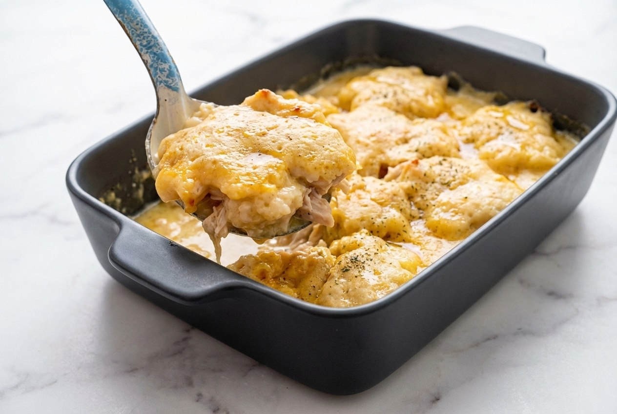 Golden chicken and dumpling casserole with browned butter topping and poultry seasoning in a white ceramic dish.