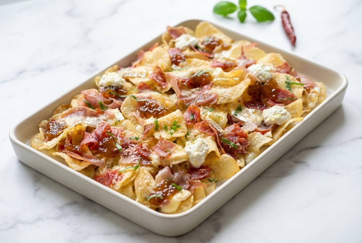 Charcuterie Nachos on a sheet pan with prosciutto, brie, and a dollop of whipped lemon zest goat cheese.