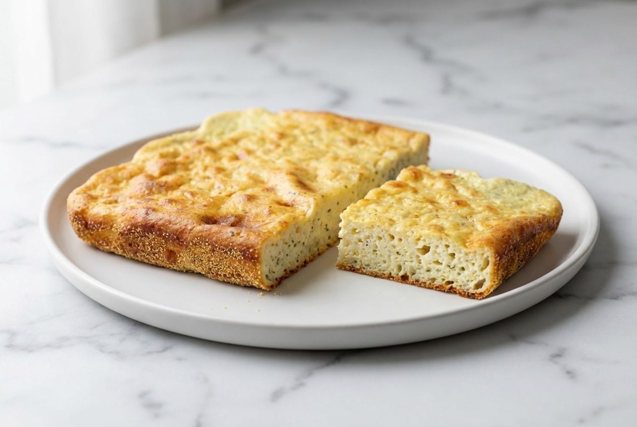 Golden cottage cheese flatbread recipe with a crispy cornmeal bottom on a baking sheet.