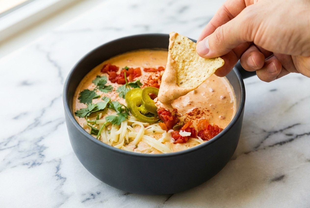 Creamy Cottage Cheese Queso blended with cornstarch and a pinch of smoked paprika in a ceramic bowl.