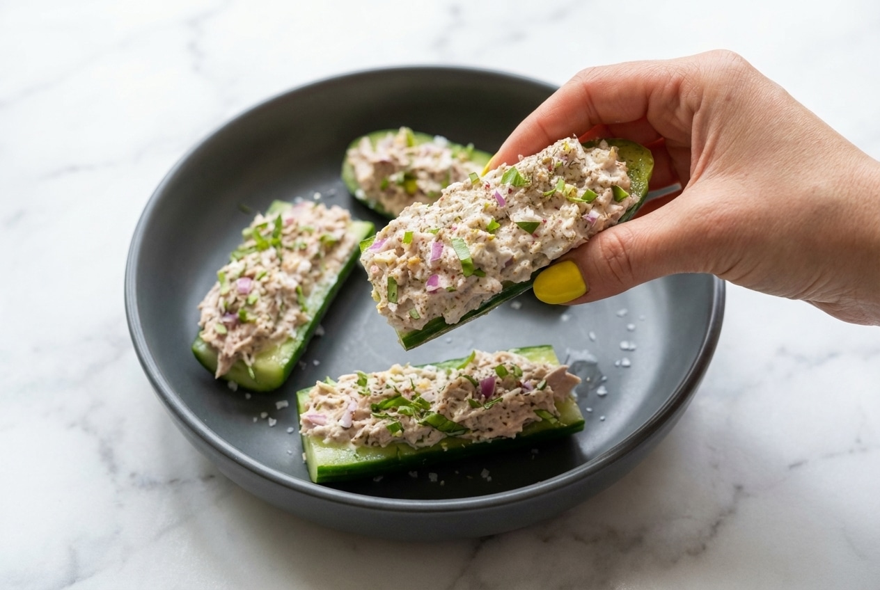 Cucumber tuna boats prepared with a dry-brine technique to ensure a crisp, crunchier texture without extra moisture.