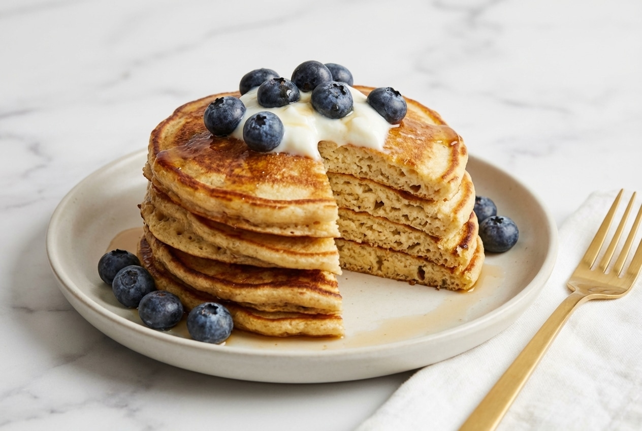 Fluffy high protein cottage cheese pancakes made with the cloud-fold technique for a light, airy texture.