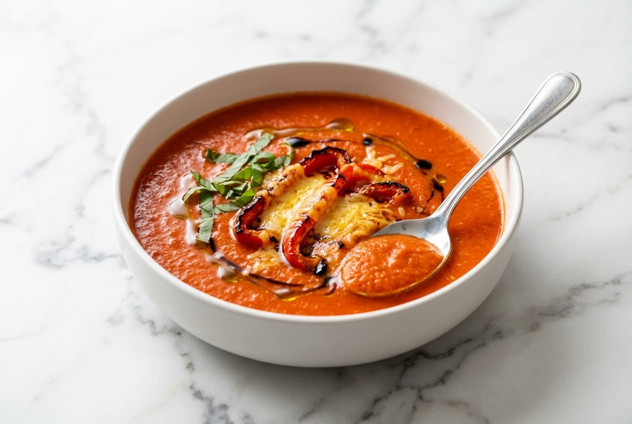 Creamy High Protein Tomato Soup topped with a savory Parmesan-roasted bell pepper boost and fresh herbs.