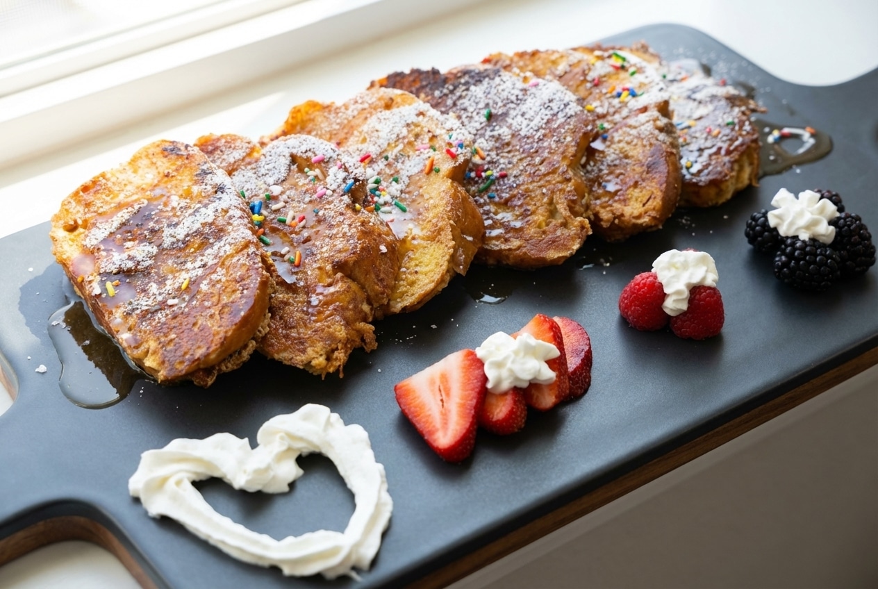 Stacks of Ice Cream French Toast with a golden brown butter and sea salt baste and maple syrup.