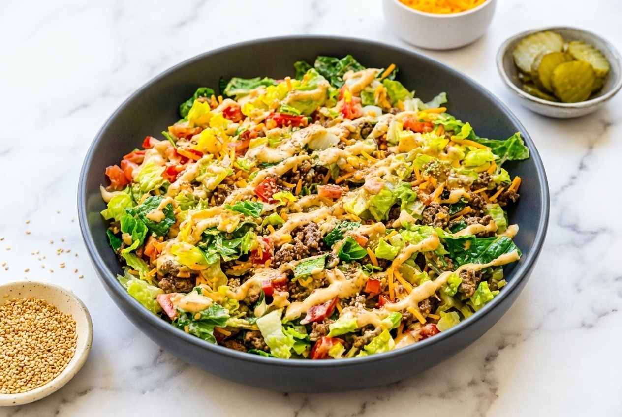 Keto big mac salad with ground beef infused with umami onions, melted cheddar, and toasted sesame oil dressing.