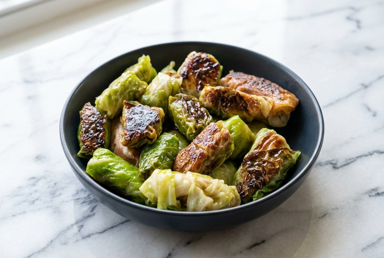 Steamed Keto Cabbage Dumplings with savory pork filling and a hint of umami-rich fish sauce.