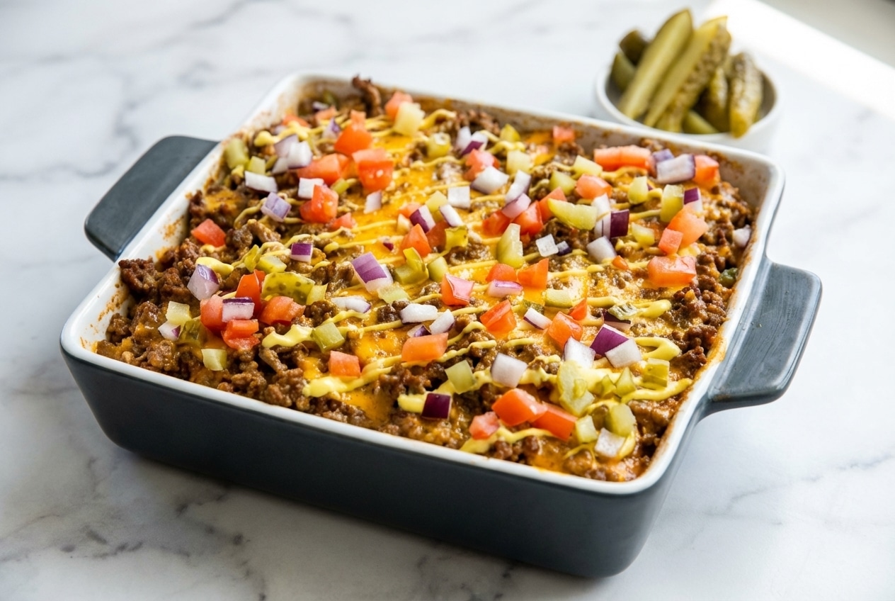 Golden keto cheeseburger casserole with a toasted sesame seed crust and melted cheddar cheese.