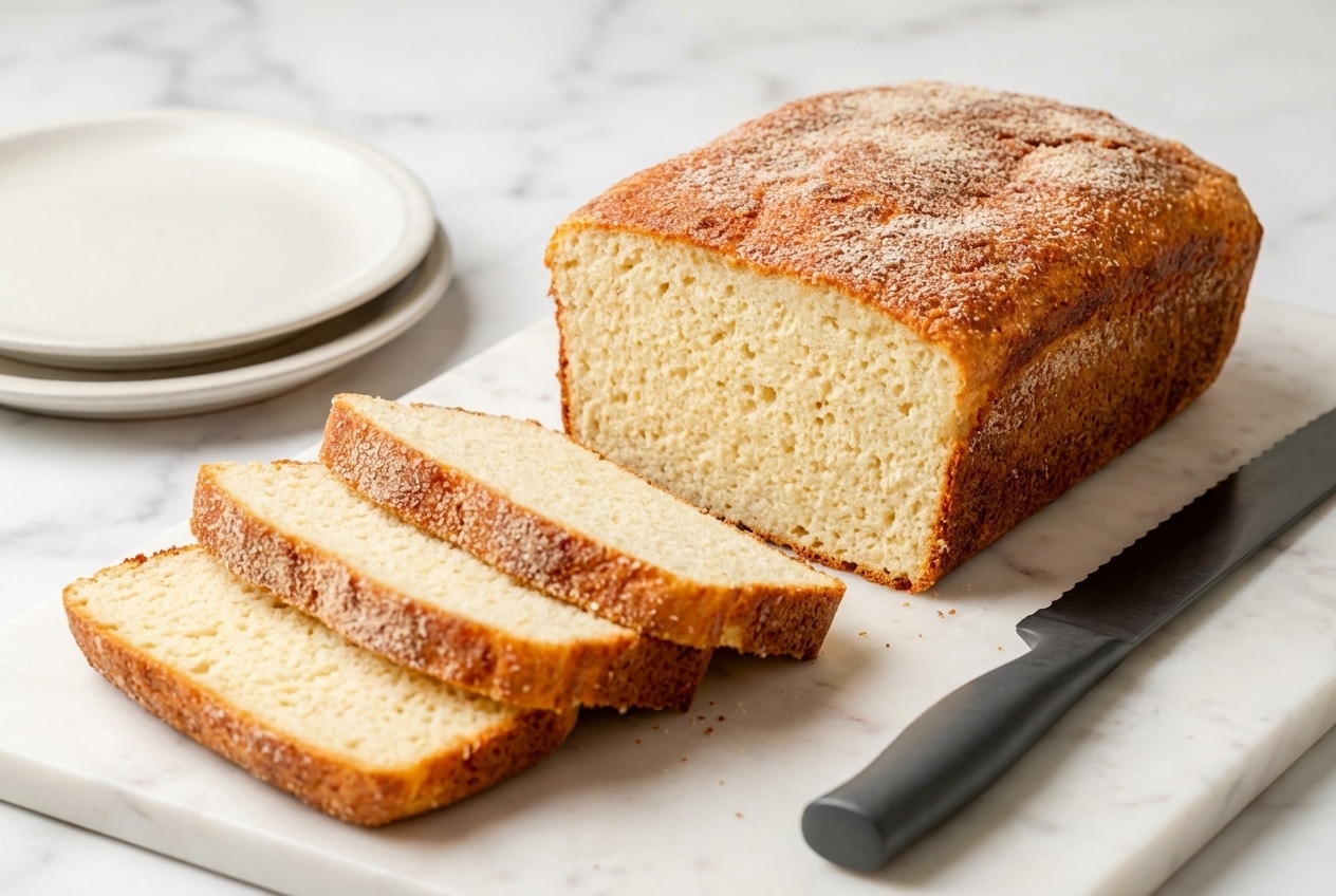 Golden keto cottage cheese bread loaf made flexible and sturdy with psyllium husk powder.