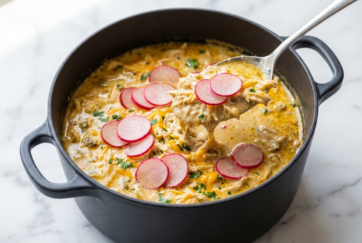 Keto white chicken chili topped with quick-pickled radishes and a hint of rich browned butter.