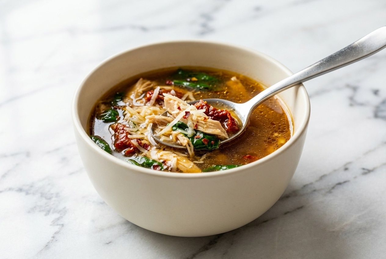 Bowl of creamy Marry Me Chicken Soup with sun-dried tomatoes and a glutamate-boosted parmesan balsamic broth.