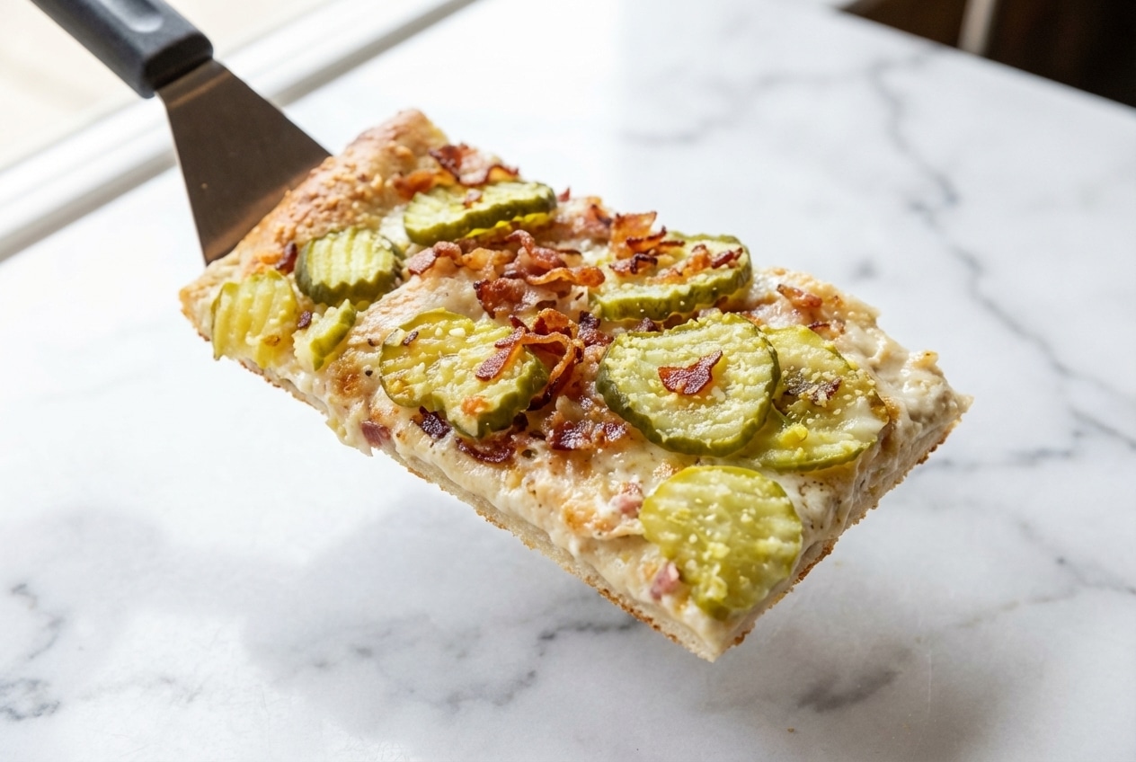 Pickle pizza recipe with golden garlic cream sauce, sliced pickles, and crushed crunchy dill chips.