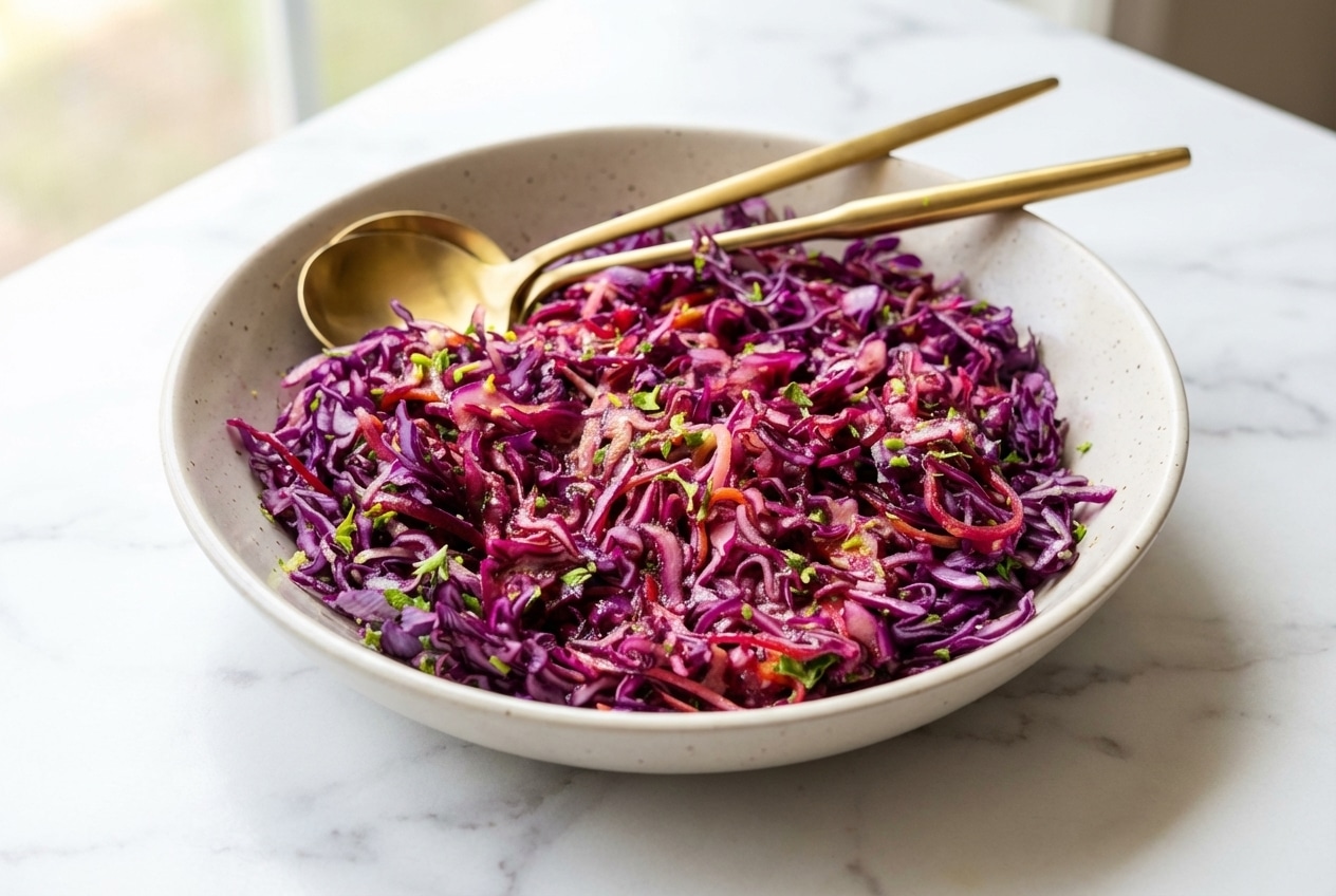 Colorful red cabbage slaw for weight loss with zesty lime and fresh ginger dressing in a glass bowl.