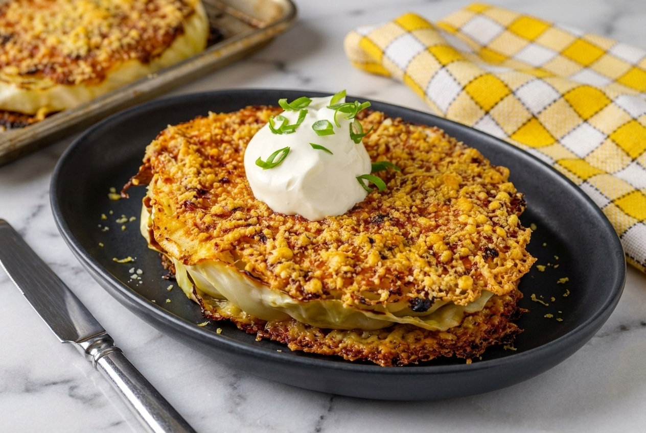 Roasted Cabbage Steaks with Parmesan featuring a golden frico crust and zesty lemon herb topping on a sheet pan.