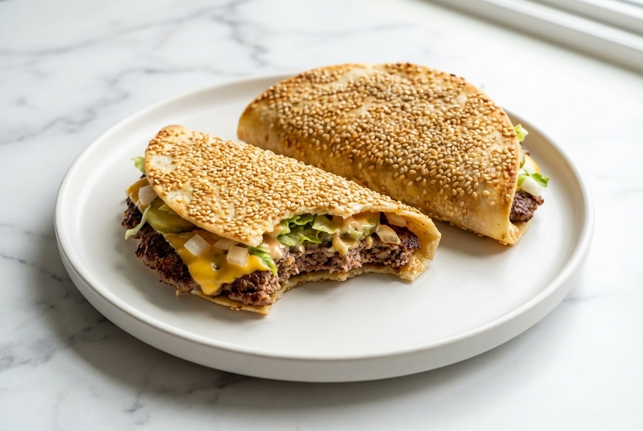 Sesame-crusted Big Mac Smash Tacos with melted American cheese and special sauce on a golden flour tortilla.