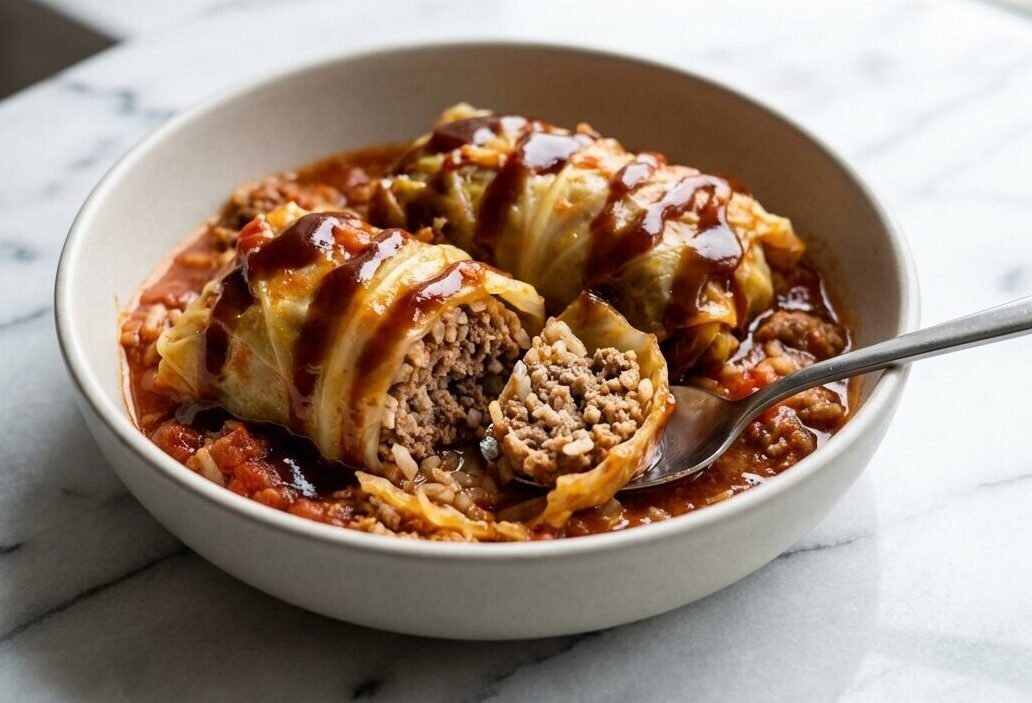 Steaming Unstuffed Cabbage Rolls in a Dutch oven featuring a rich Umami-Miso Boost glaze and tender greens.