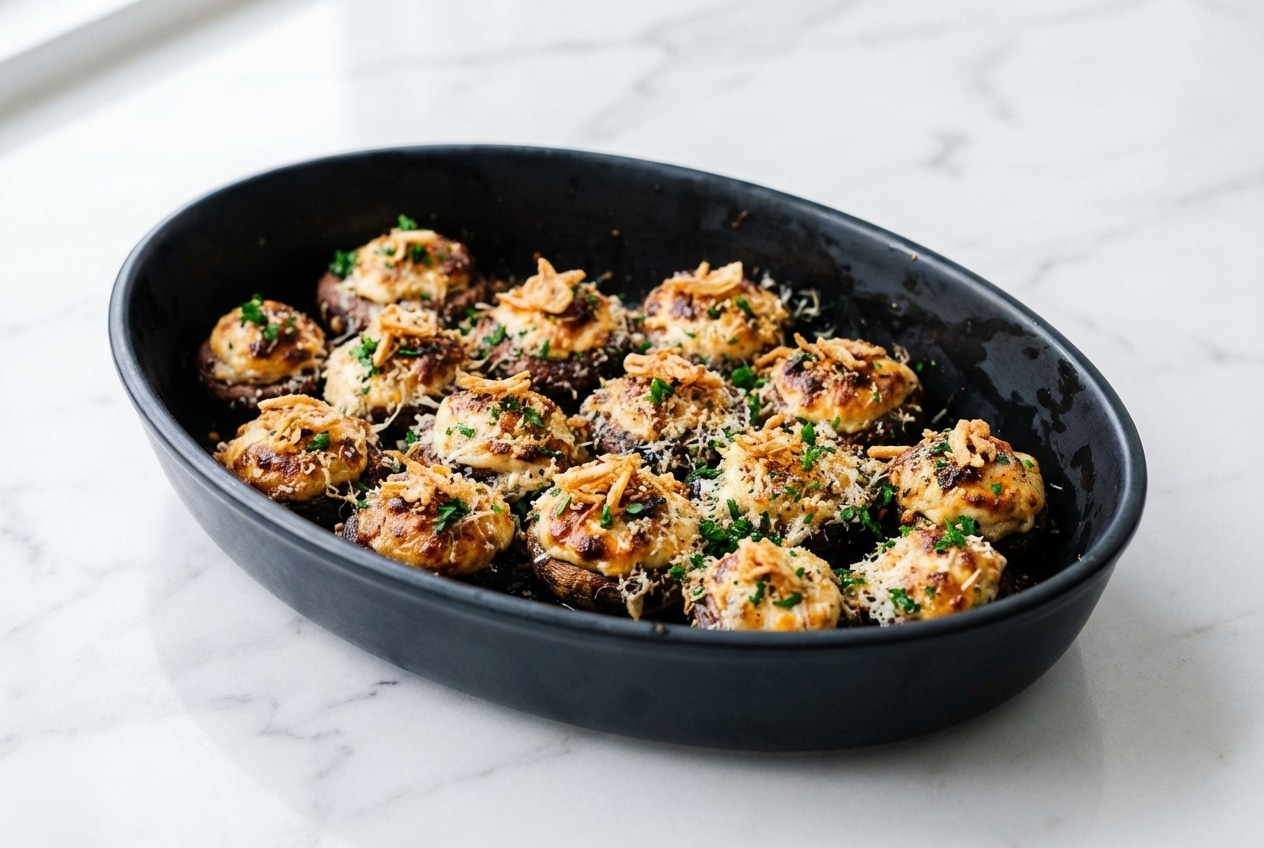 Asian stuffed mushrooms recipe topped with crispy fried shallots, furikake, and savory umami filling.