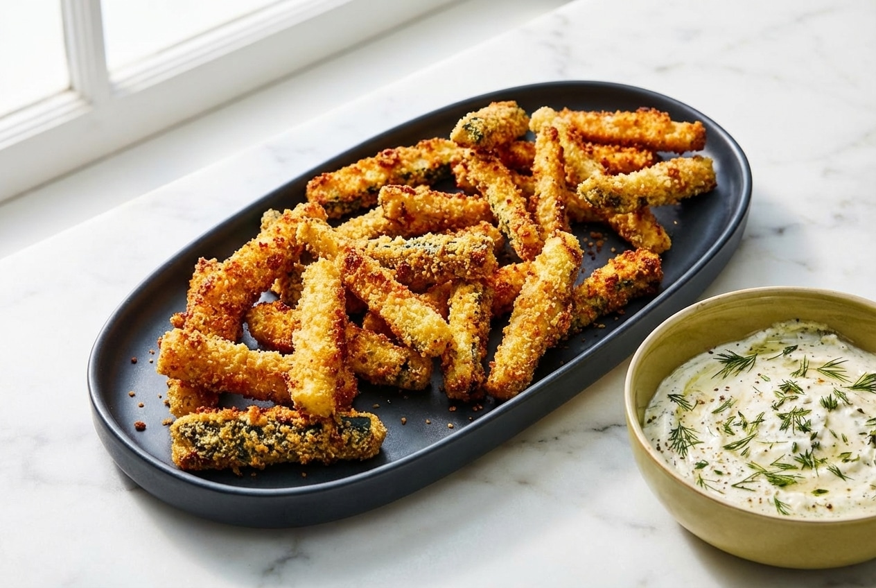 Golden baked zucchini fries with a double-crunch cornmeal and smoked paprika coating on a wire rack.
