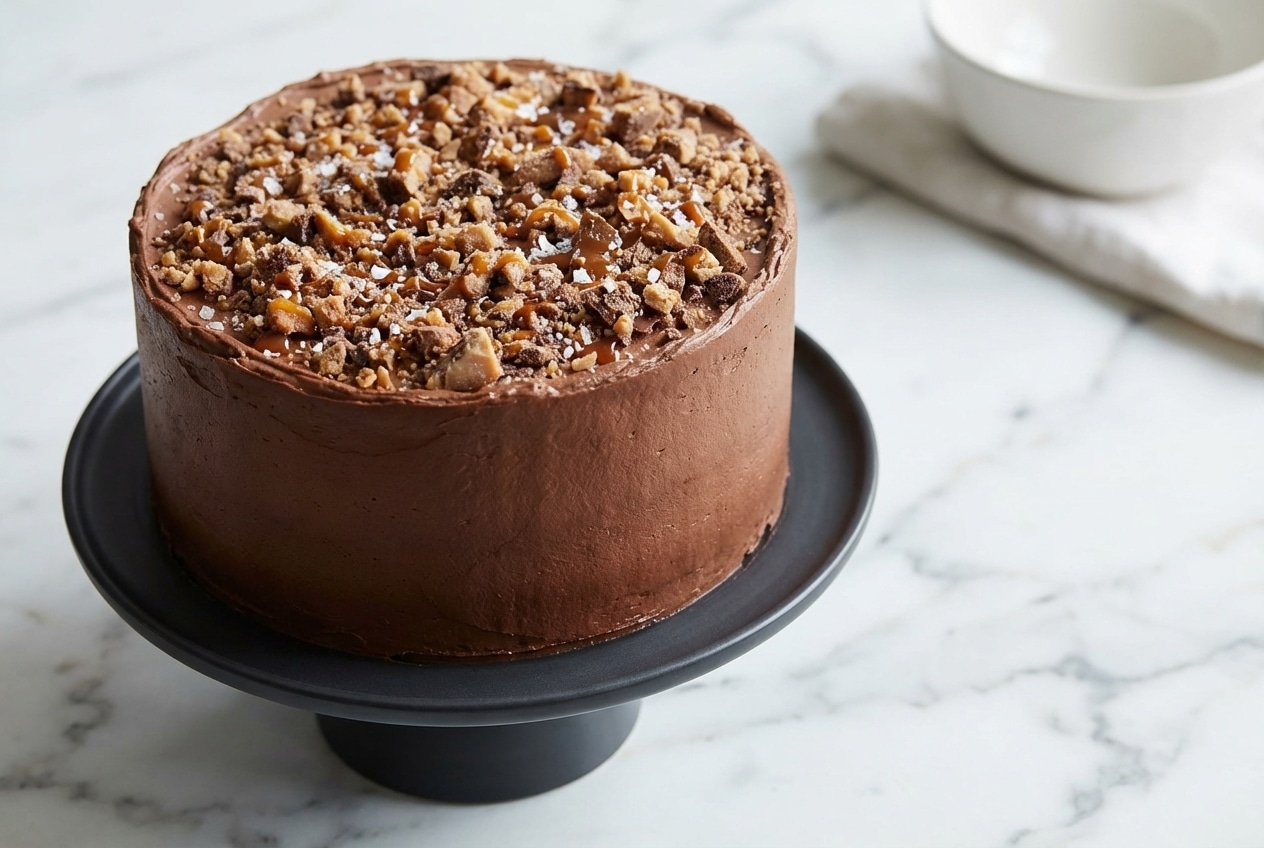 Better than anything cake with espresso-infused chocolate, topped with caramel and smoked sea salt.