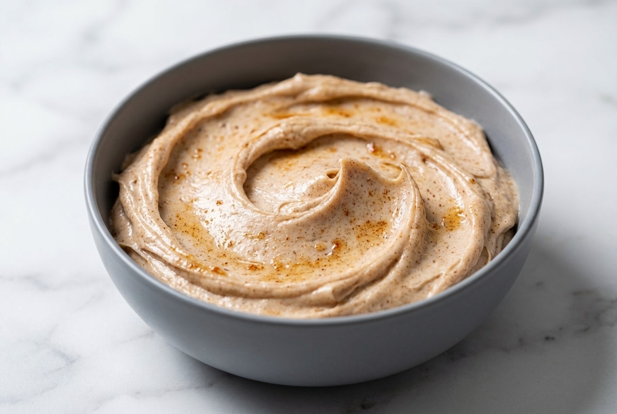 Swirled cinnamon buttercream infused with nutty brown butter on a cupcake, showing a creamy, flecked texture.