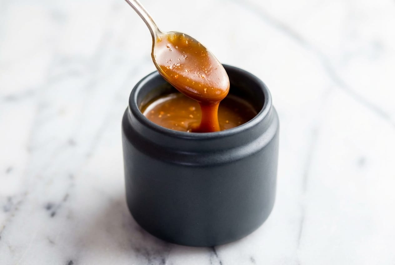 Drizzling homemade salted caramel sauce with a nutty brown butter infusion over a spoon.