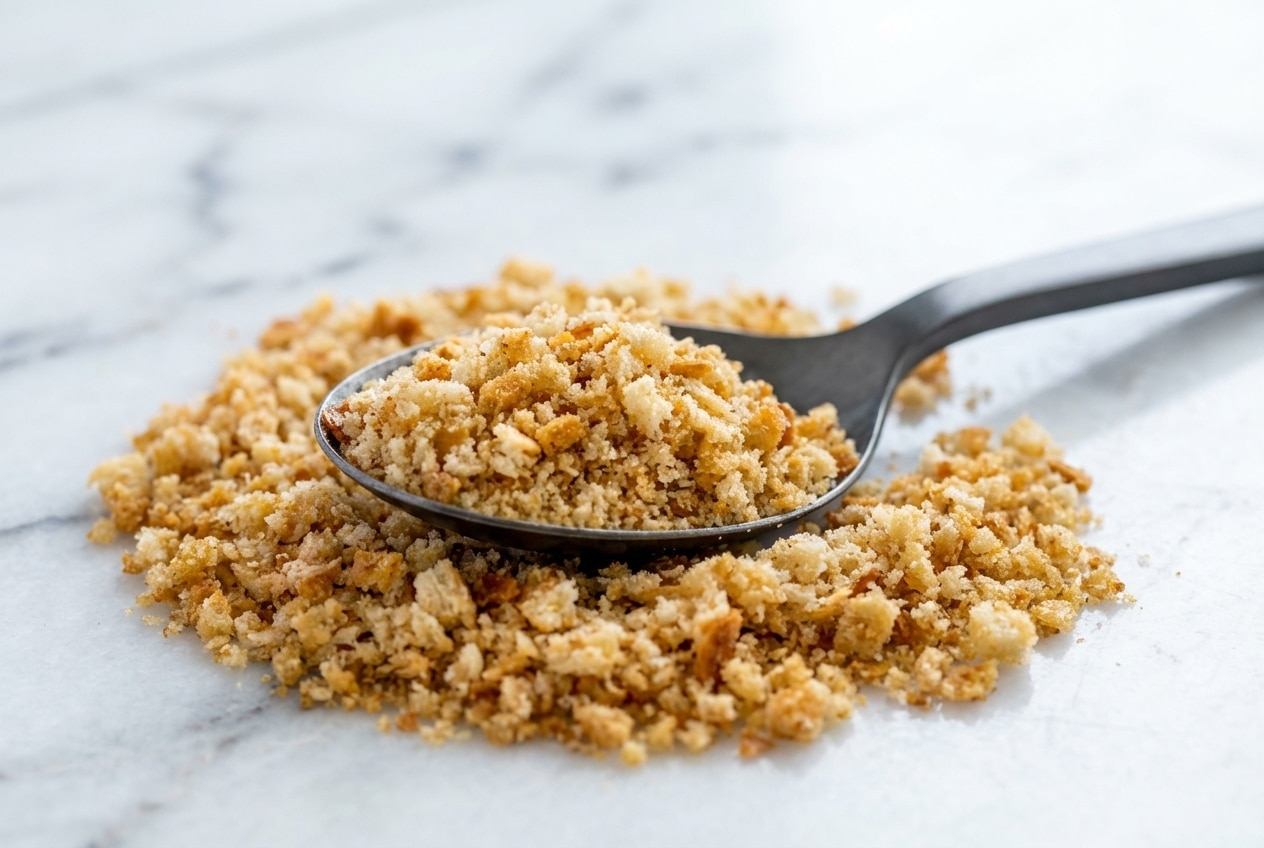 Golden, toasted breadcrumbs infused with rich brown butter and savory miso powder in a ceramic bowl.