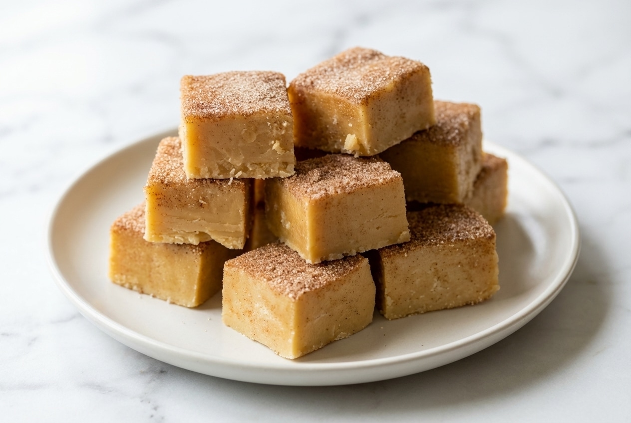 Squares of snickerdoodle fudge showing a creamy texture topped with cinnamon sugar and a rich brown butter infusion.