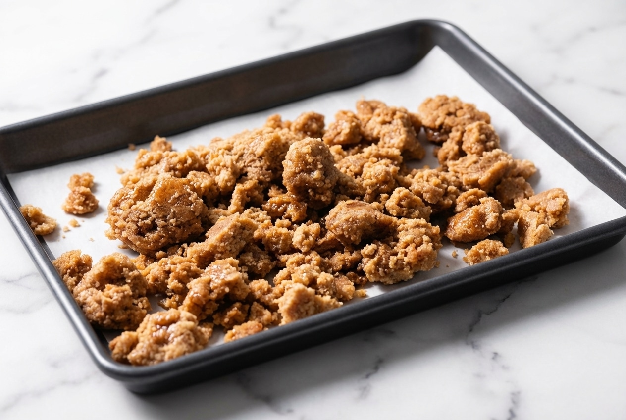 Golden crumble topping with browned butter and espresso powder highlights on a fresh fruit dessert.