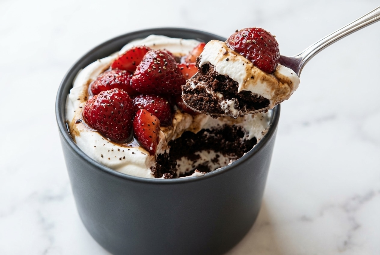 Brownie strawberry trifle with balsamic-macerated strawberries, black pepper, and layers of rich crème pâtissière.